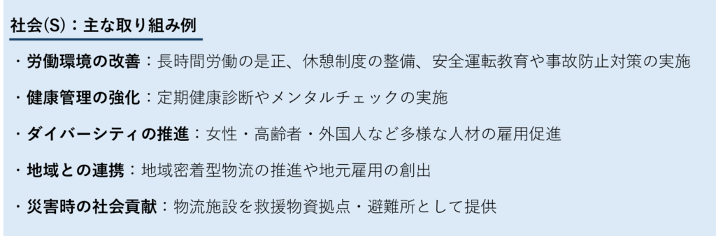 社会(S):働く環境の整備や地域社会への貢献